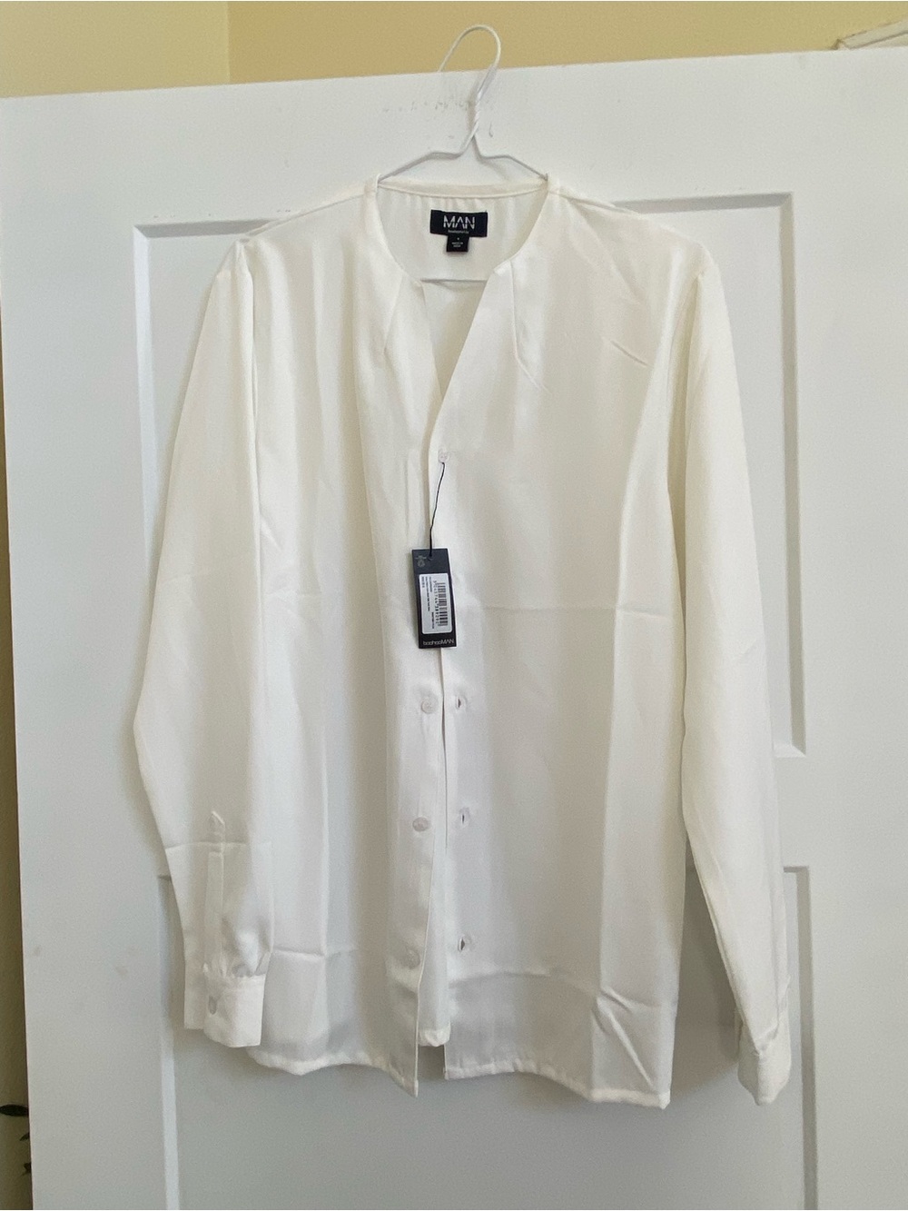 Boohoo Mens White Satun Long-Sleeve Collarless Dress Shirt